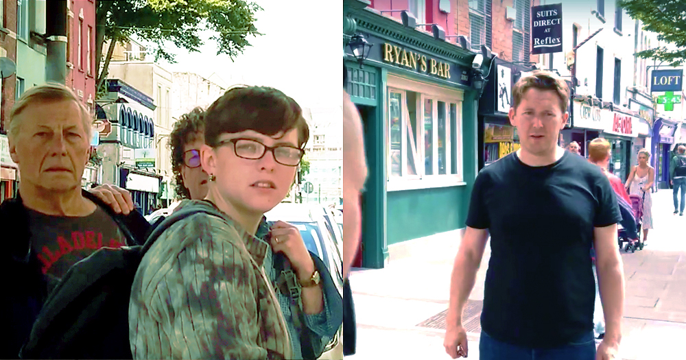 Split-screen of a group of glaring people in the streets of Cork. And on the other side a man looking nervous