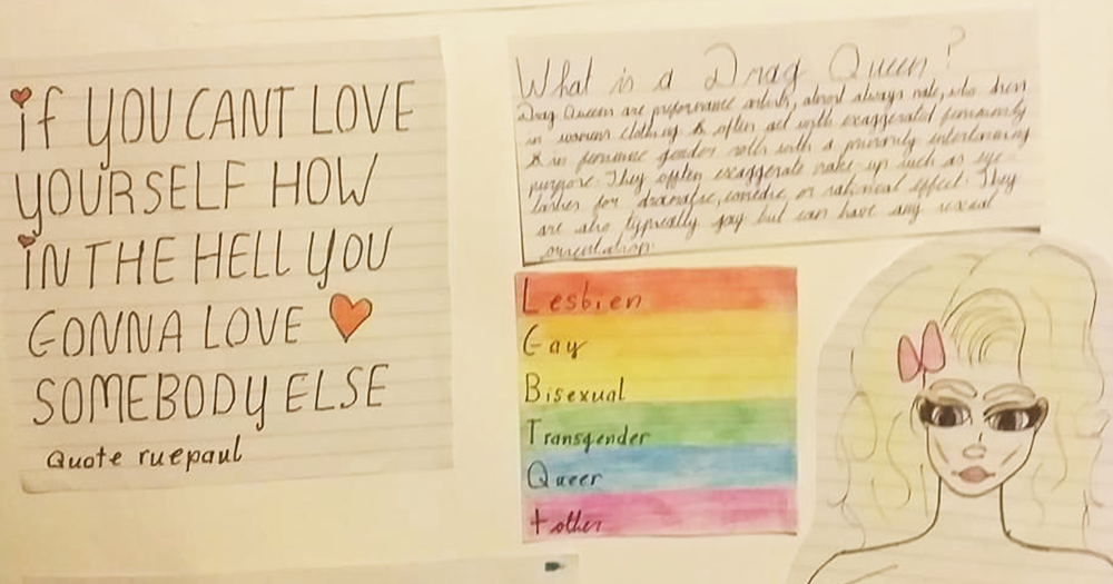 A school project made by a child with images and text describing the history of drag