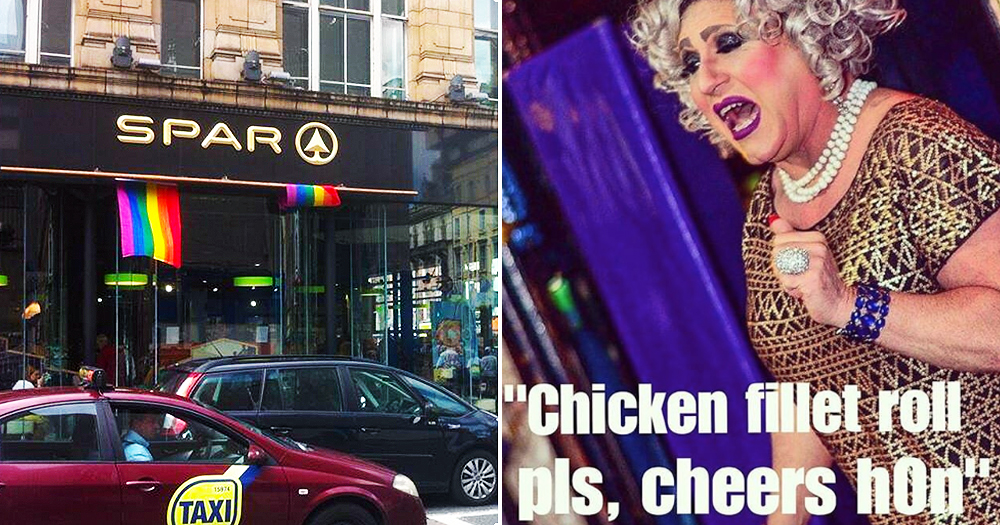 An image of a Spar shop in Dublin and a meme from Gay Spar Instagram account portraying a drag queen