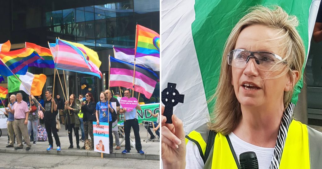 Demonstrators holding rainbow flag outside Google HQ and Gemma O'Doherty