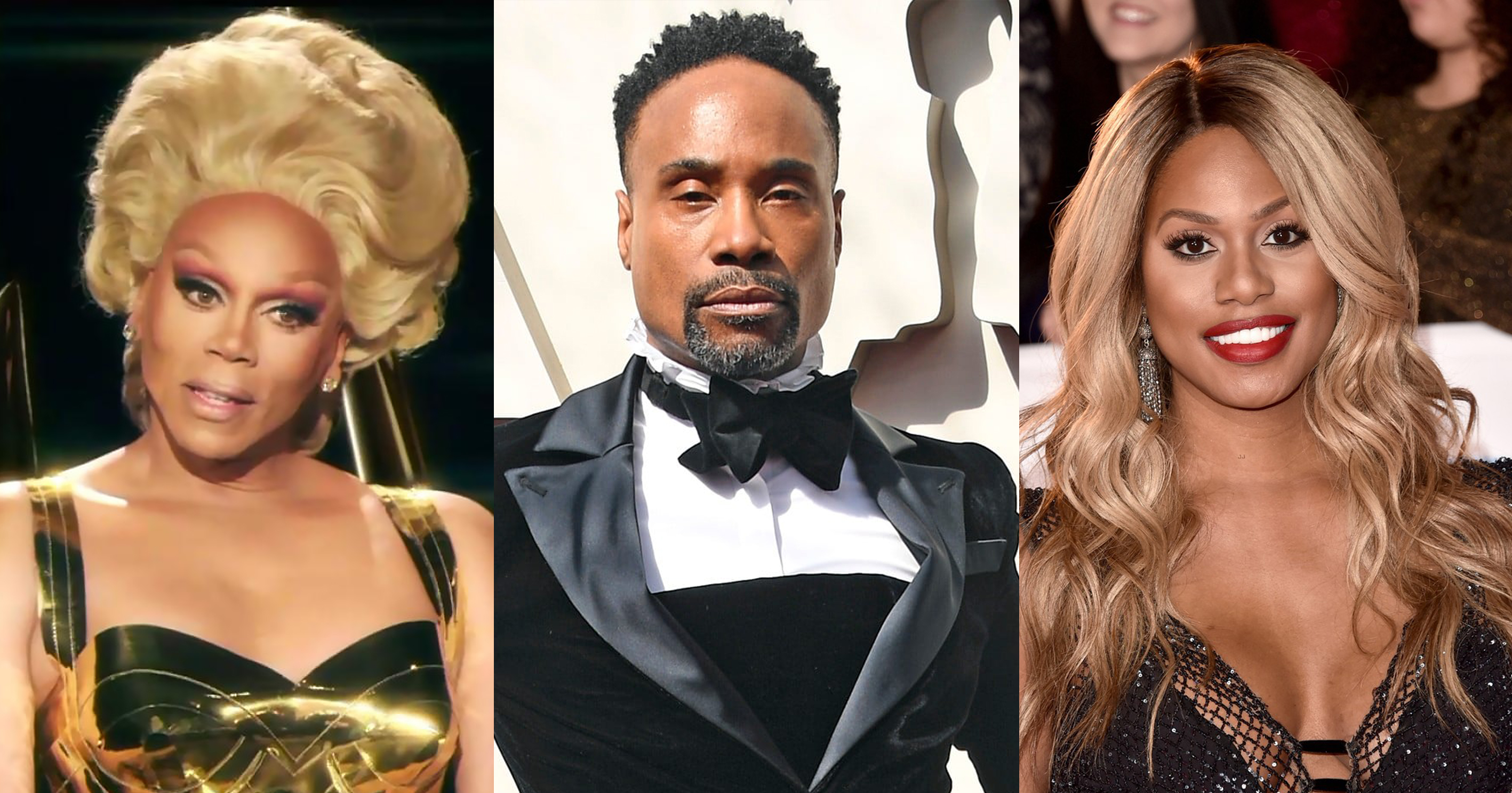 Split screen of RuPaul, Billy Porter and Laverne Cox three actors nominated for 2019 Emmy Awards.