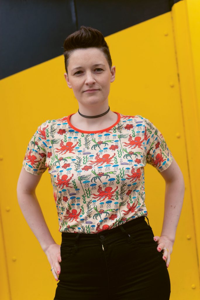 Woman wearing a floral t-shirt