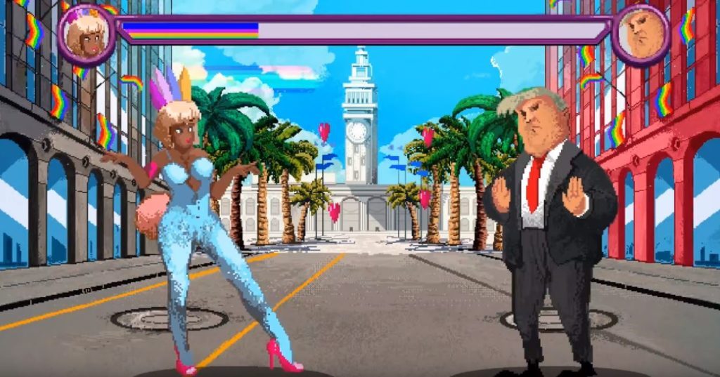 Pride Run, the video game: A video game setting in which a drag queen dances off against Donald Trump