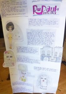 A school project made by a child with images and text describing the history of drag