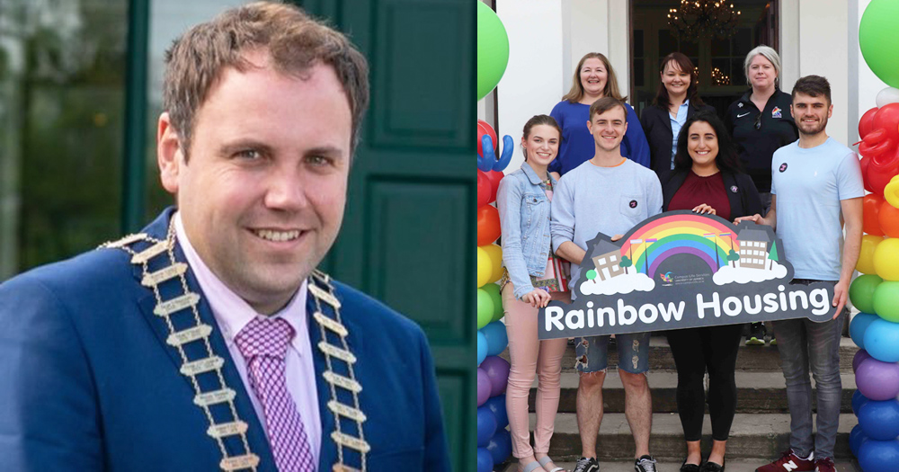 Left: portrait of Clare Mayor Cathal Crowe, Right: UL staff and students celebrating the launch of rainbow housing initiative