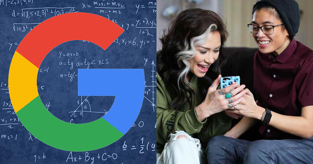 A Google algorithm split screened with a laughing female couple looking at a mobile phone screen.