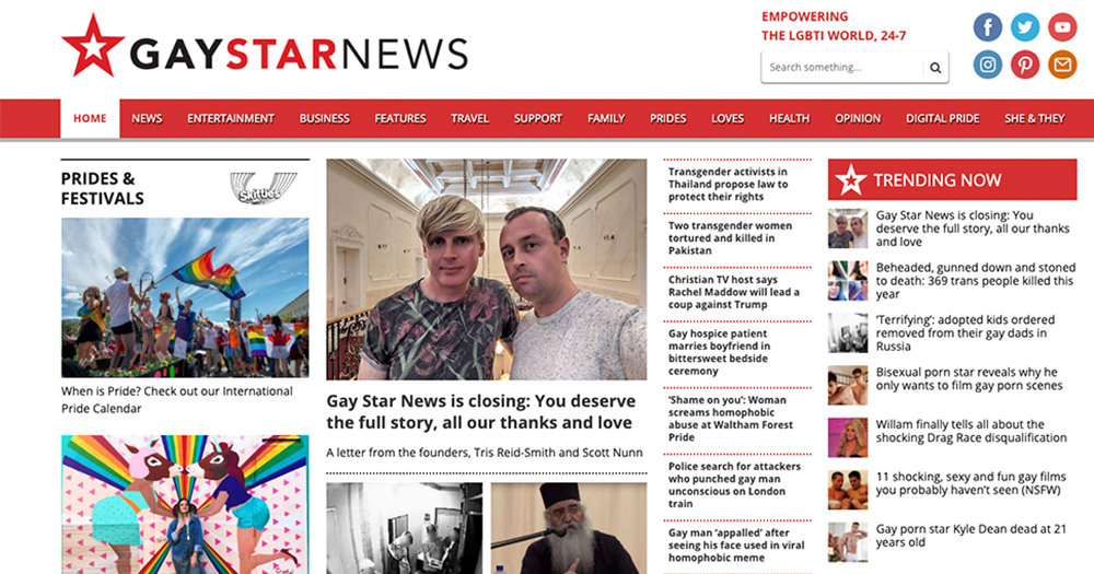 The homepage of Gay Star News website