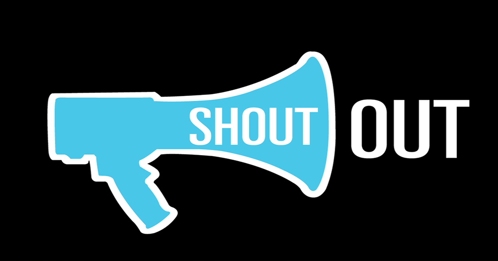 ShoutOut's logo, a blue mega phone with white text reading "shout out"