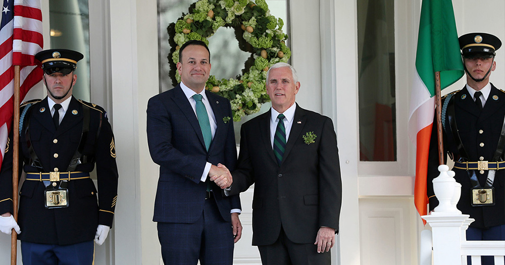 Vice President Mike Pence and Taoiseach Leo Varadker shaking hands at the annual St.Partick trip.
