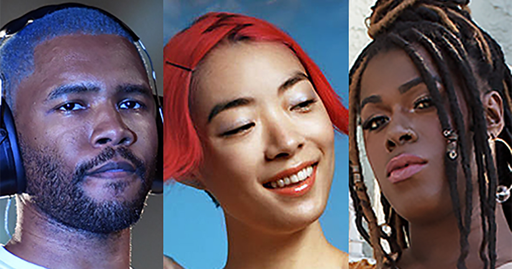 Spit-screen of three singers of colour that should be on your playlist: Frank Ocean, Rina Sawayama and Shea Diamond