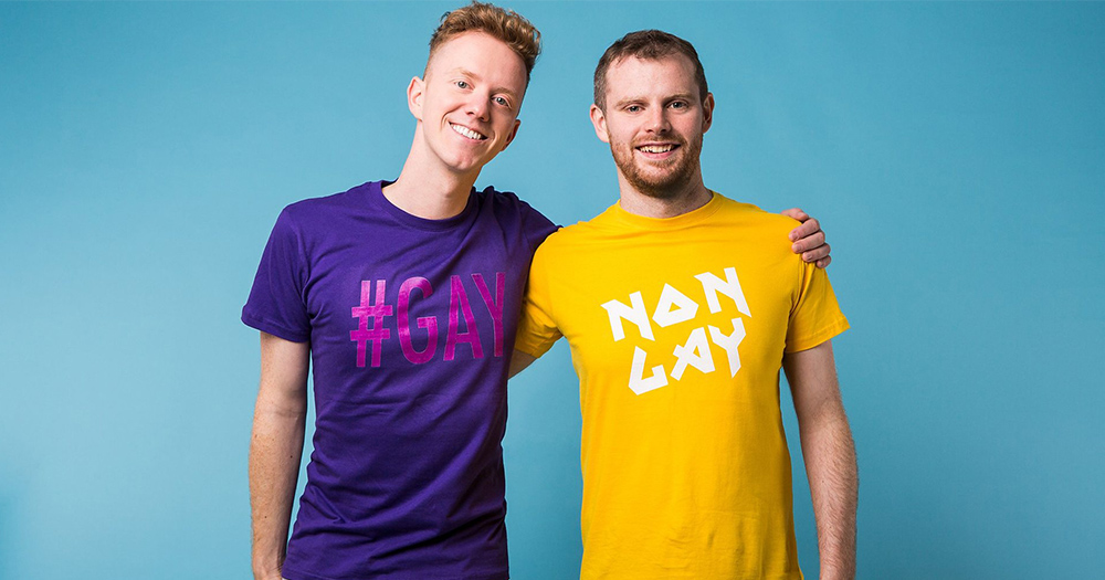 Promo image for A Gay And A NonGay podcast featuring two men wearing t-shirts with their sexualities written on them