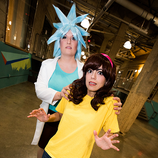 Two women dressed up in Rick and Morty Halloween costumes