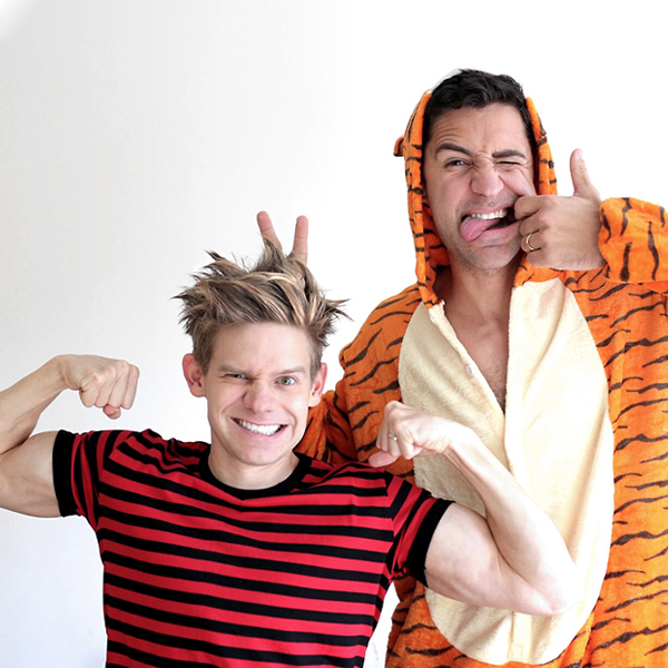 Two men dressed up in Calvin and Hobbes Halloween costumes