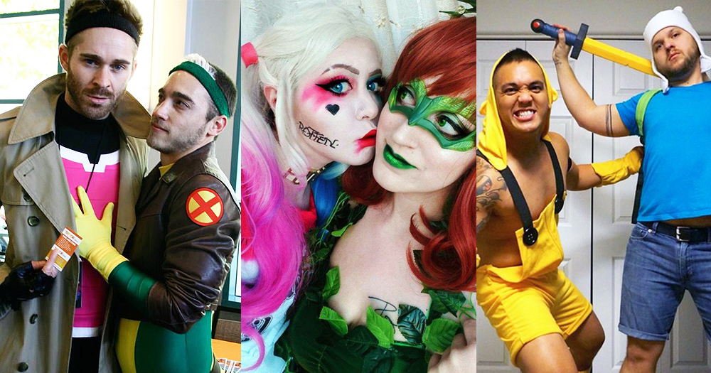 Three sets of people dressed up in Halloween costumes as Gambit and Rogue from X-Men, Harley Quinn & Poison Ivy, Finn & Jack the Dog from Adventure Time