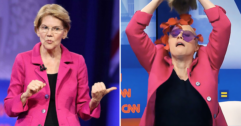 Elizabeth Warren on left, Kate McKinnon on right