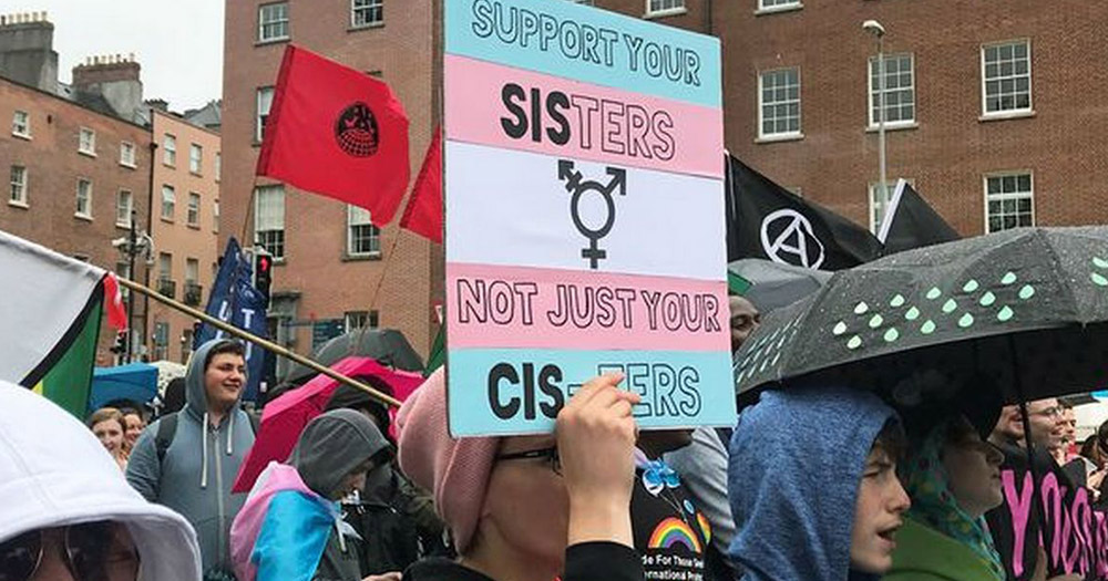 Person holding a sign saying 'Support you sisters not your cis-ters'. LGB Alliance has been slammed for being anti-trans.
