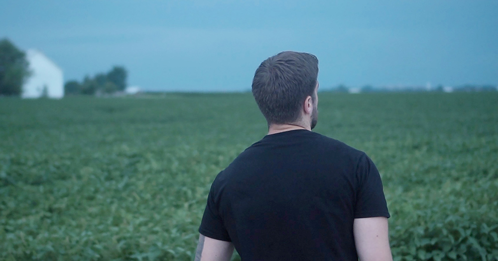 A young man from behind looking out over a field of grass