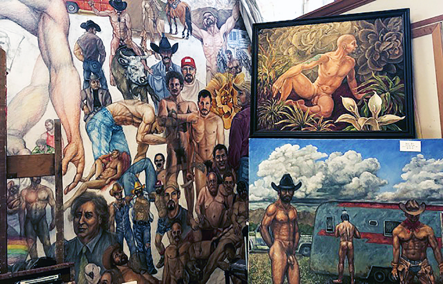 Several paintings portraying cowboys and mane nude figures by artist Delmas Howe