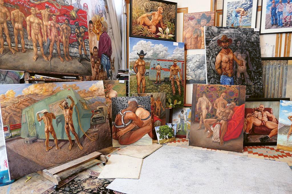 Several paintings portraying cowboys and mane nude figures by artist Delmas Howe
