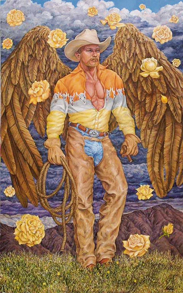 A painting portraying a cowboy wearing a hat by artist Delmas Howe