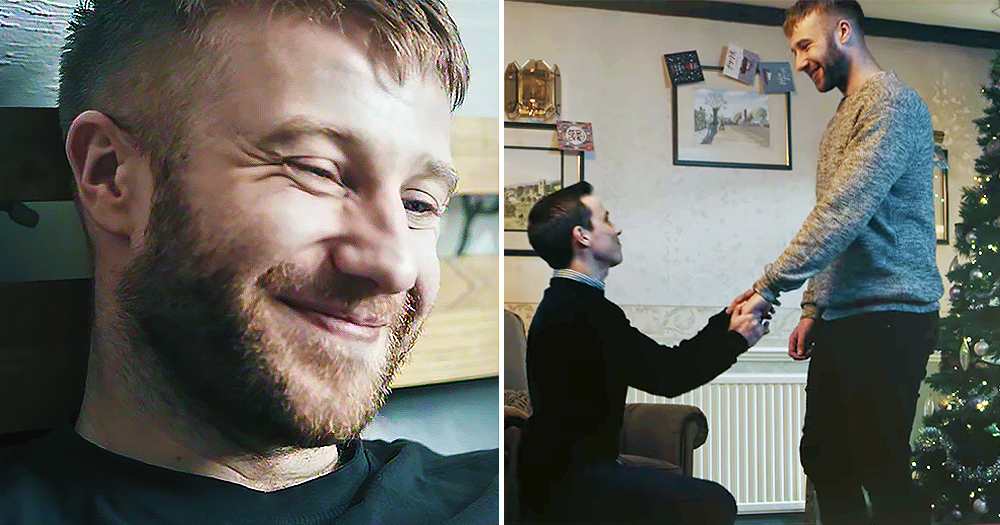 Images of a Christmas short film: On the left, close-up of a man smiling. On the right, a man kneeling in front of the same man asking to marry him.