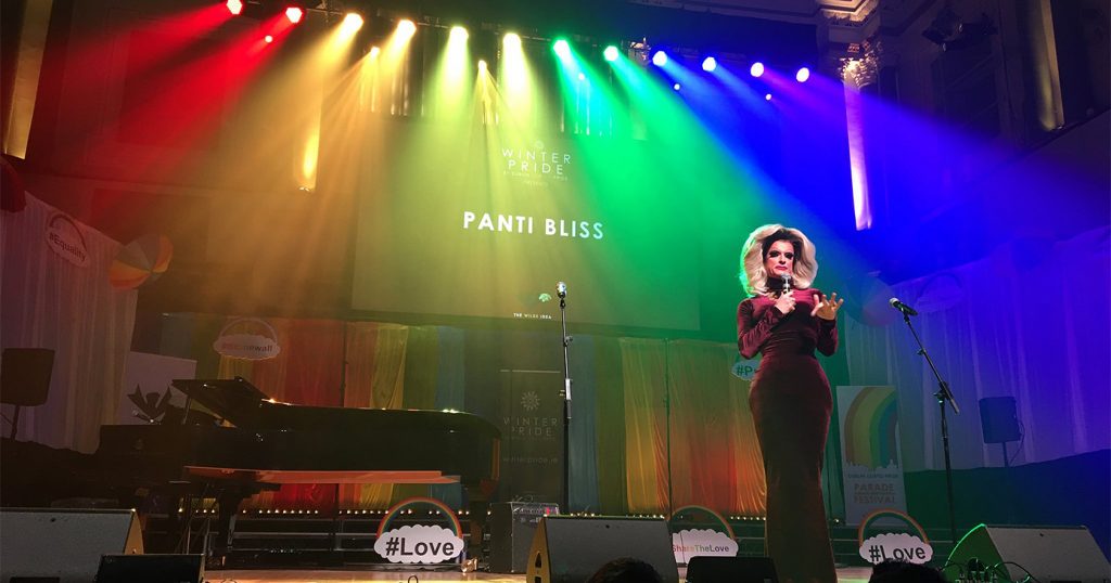 Panti Bliss on stage at the launch of Dublin Winter Pride