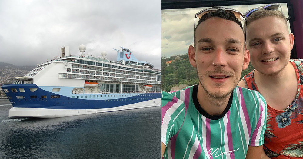 Side by side photo of the gay couple enjoying their holidays with a TUI cruise on the other side