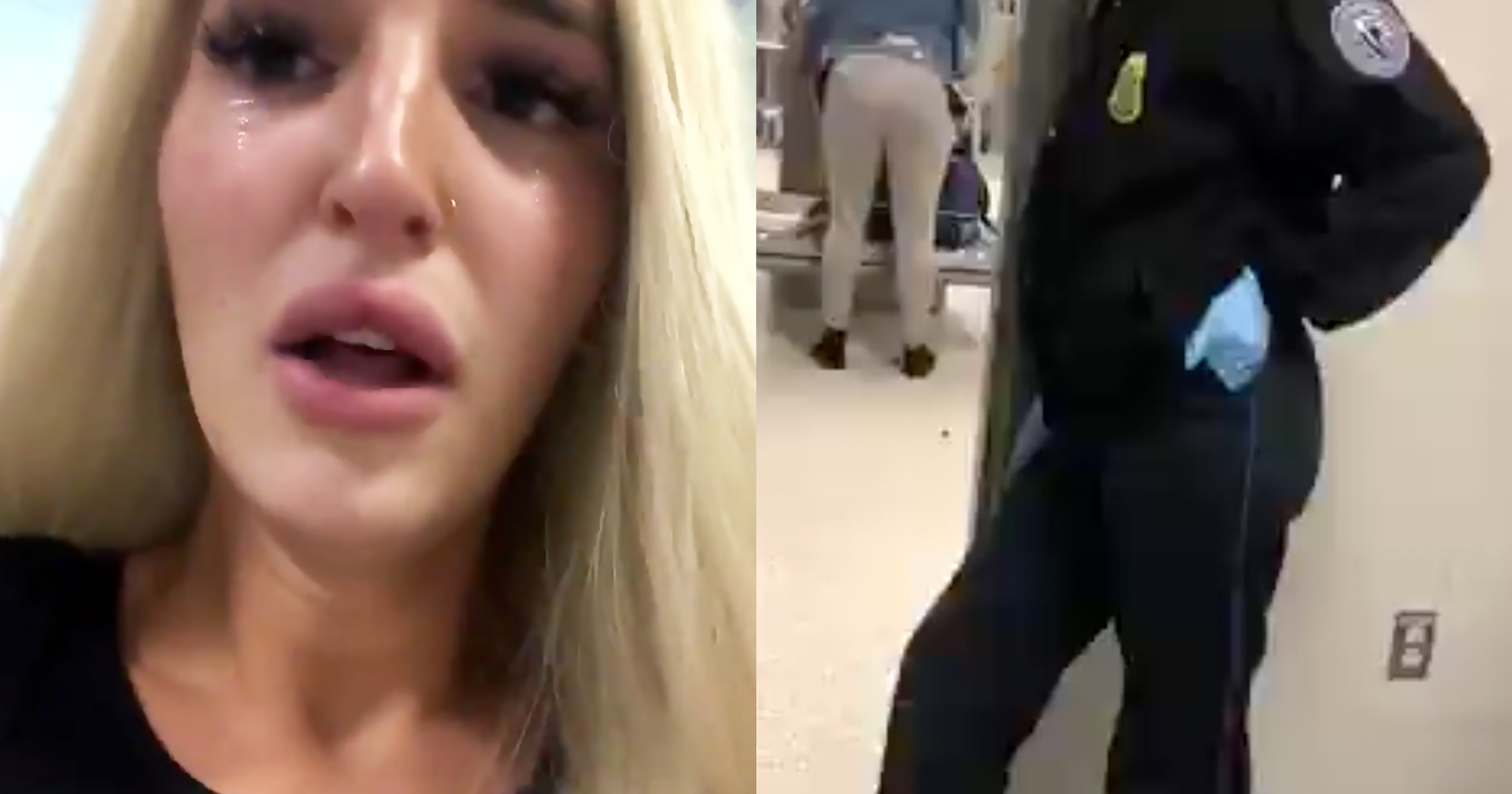 Left: close up of the trans woman crying. Right: airport security staff