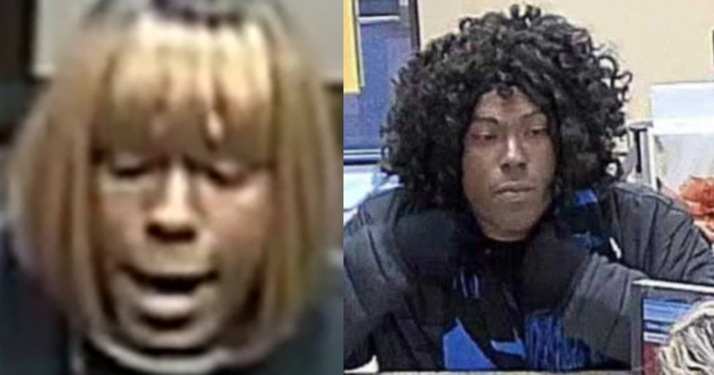 Bank video footage of the Bad Wig Bandit wearing a blonde wig on one occasion and a curly black one on a different robbery.