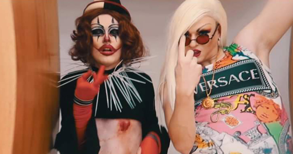 Two of the queens, one wearing clown style makeup, who are performing in DCU Drag Race 2020