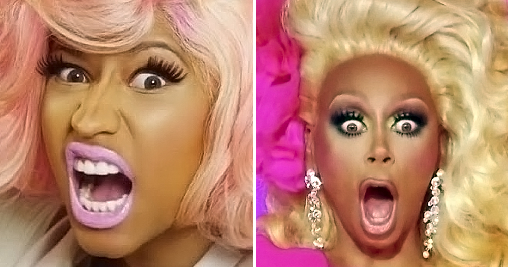 Split screen of Nicki Minaj and Drag Race judge RuPaul both acting alarmed