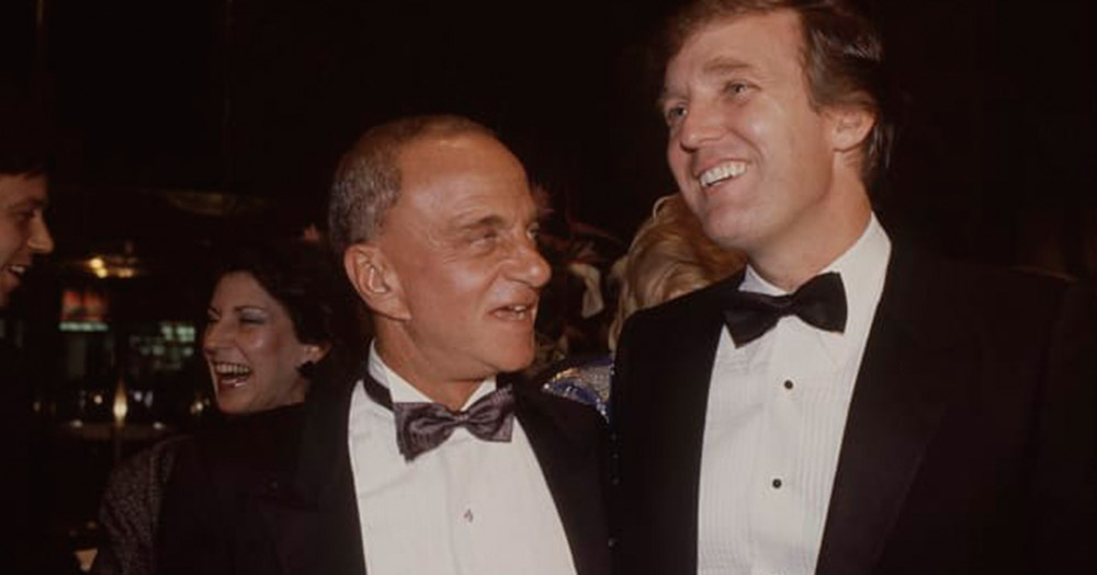 Roy Cohn and Donald Trump wearing bowties and suits at an event