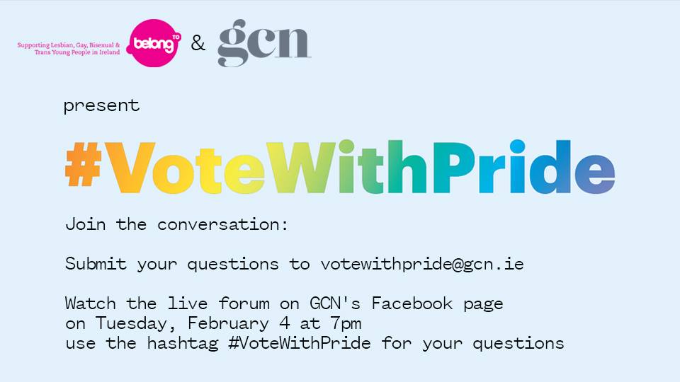 Vote With Pride image highlighting the necessary information to get in touch for the live event, you can email questions to votewithpride@gcn.ie