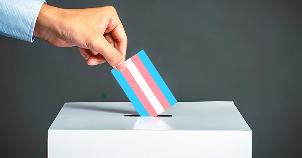 A hand casting a vote putting a card with the trans flag in a box