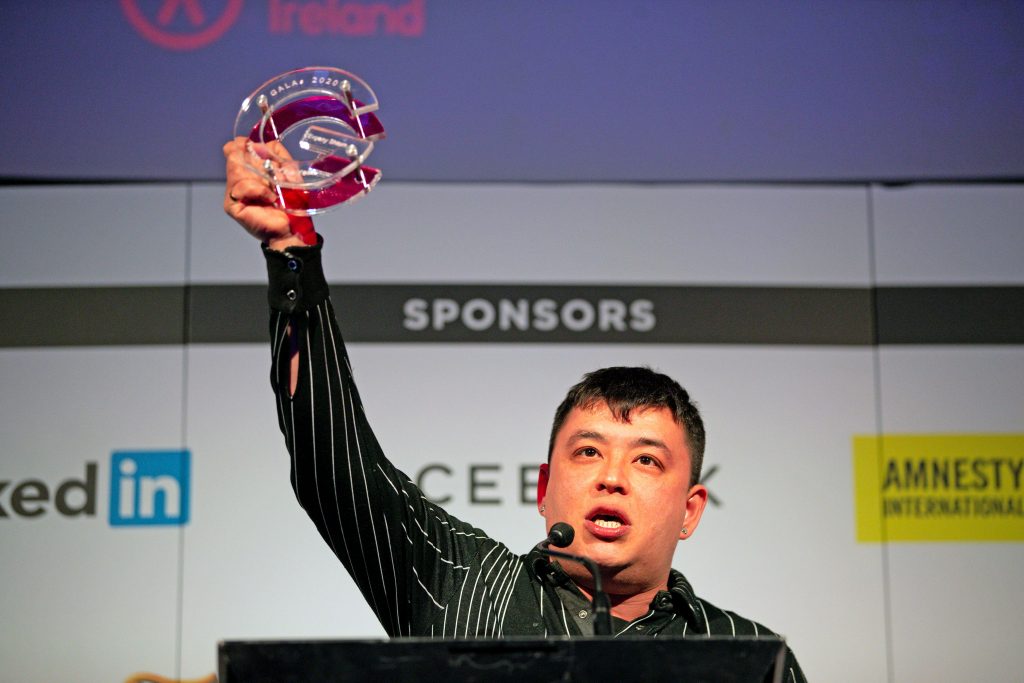 Activist Evgeny Shtorn holding his GALAS Award during his speech