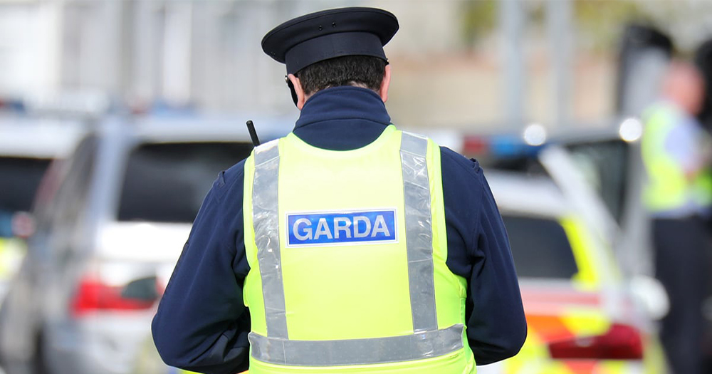 A member of the gardai viewed from behind, blurred police cars in the distance