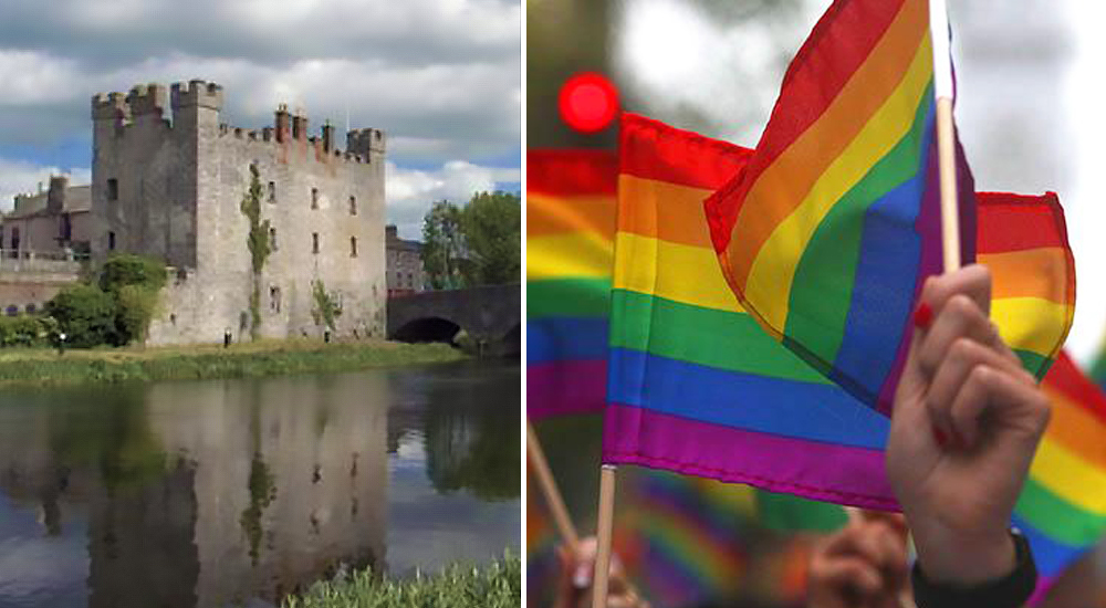 Split screen between the White Castle in Athy and hands waving Pride flags