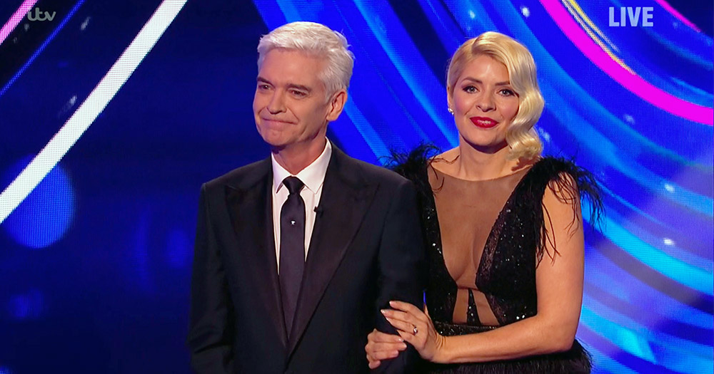 Holly Willoughby holding Phillip Schofield's arm during Dancing on Ice