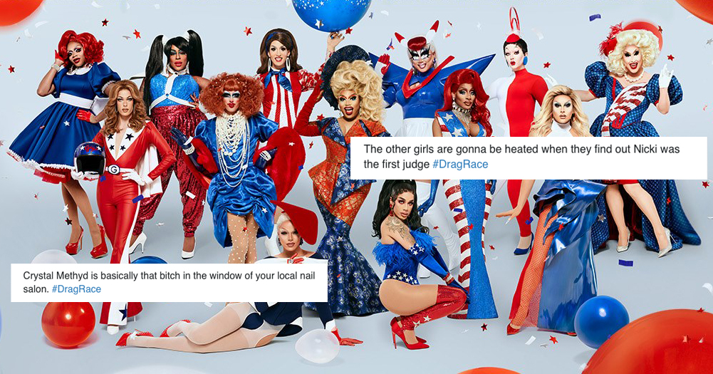Cast of RuPaul's Drag Race S12 wearing clothes matching American flag, there is also Twitter text boxes over it