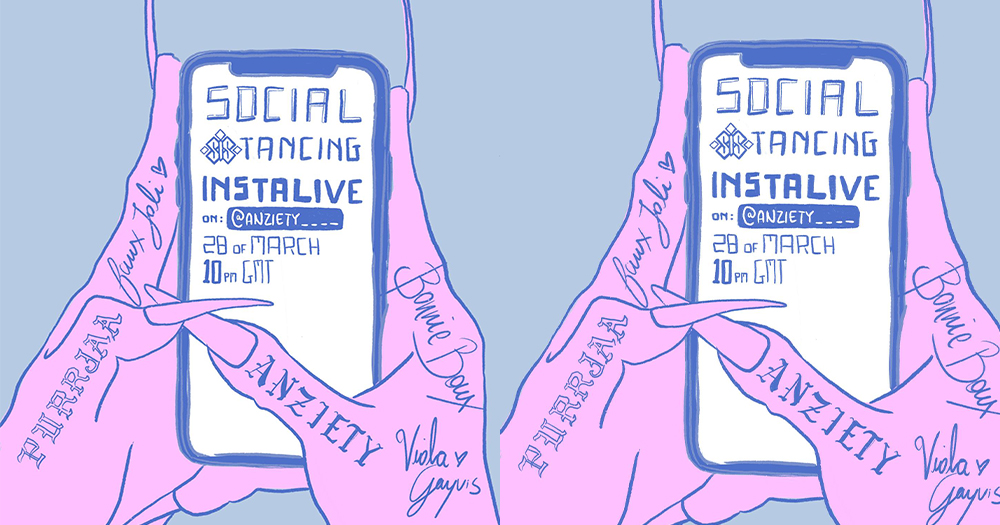 An illustration of hands with long fingernails holding a phone advertising an event