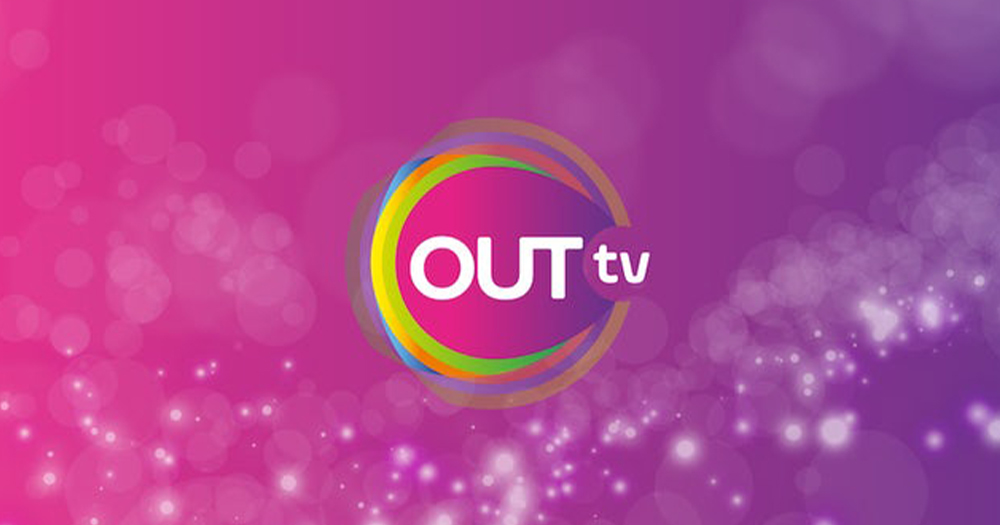 The logo for OUTtv featuring the words against a bright purple background