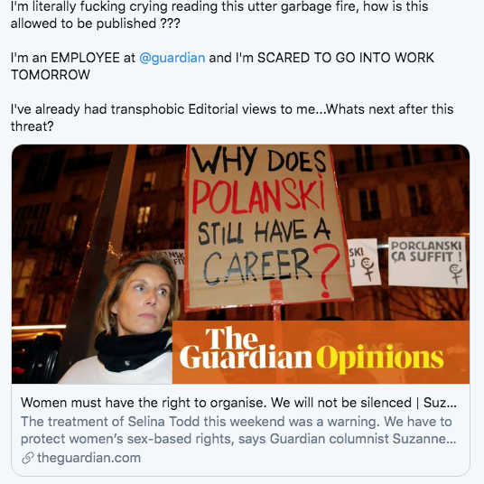 Screenshot of Guardian trans employee tweet