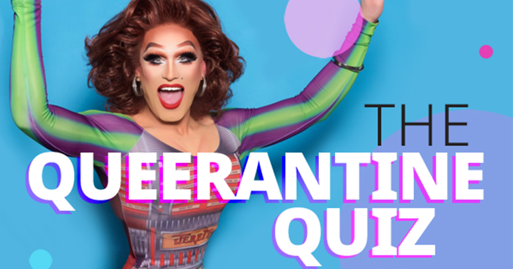 Poster for Queerantine Quiz featuring a drag queen jumping joyfully in front of a multicoloured background