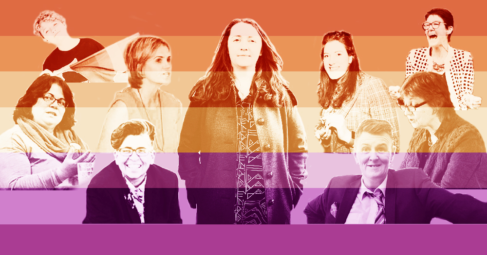 A group of Irish lesbian trailblazers overlaid with a gradient of colour.