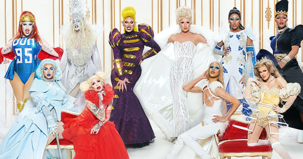 A multi coloured array of ten drag queens in various costumes and poses
