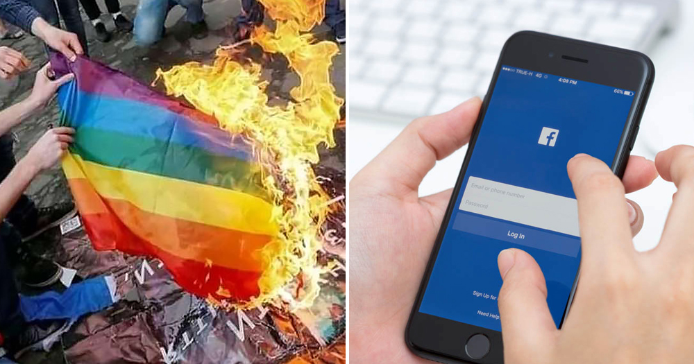 Split screen between a rainbow flag burning and Facebook app on a phone, there has been a rise in online hate speech on the platform