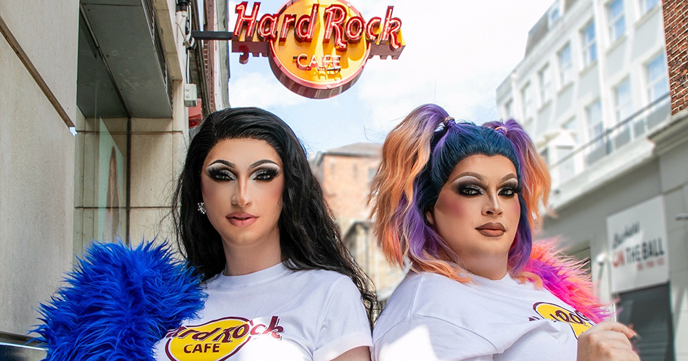 Drag queens The Misses pose outside Dublin's Hard Rock Café.