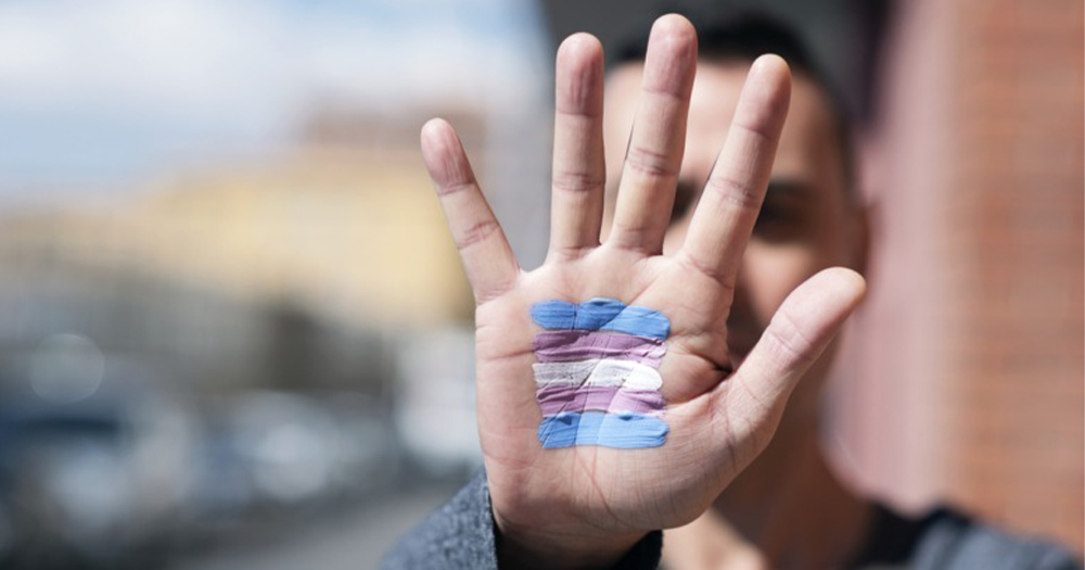 A hand with the trans flag painted on the palm