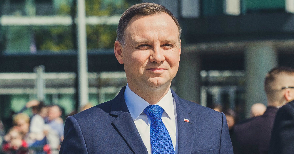 Polish President LGBT+ attack continues: Duda is pictured wearing a blue suit