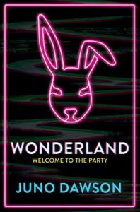 A book cover featuring the neon outline of a rabbit head